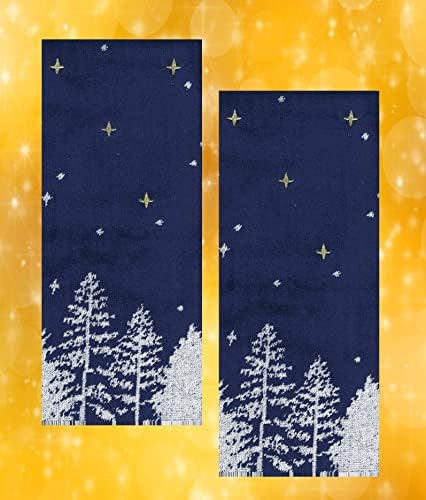 Seasensey מגבות חג מולד, סט מגבות יד אמבטיות של 2, כחול כהה עם עצים לבנים, כוכבים רקומים זהב, 16 x