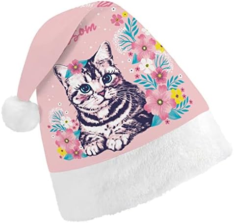 חמוד חתול יושב בפרחים חג המולד כובע סנטה כובע מצחיק חג המולד כובעי חג מסיבת כובעי עבור נשים / גברים