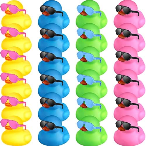 24 יחידות מיני גומי ברווזים עם משקפי שמש, גומי ברווזים בתפזורת ולנטיין ברווז אמבטיה צעצועי שיוט