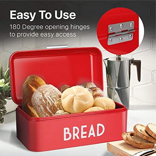 קופסת לחם אדומה מתכתית למשטח השיש במטבח, מחזיק לחם וינטג ' למטבח כפרי, שומר אחסון בייגל סל כיכר, מיכל לחם