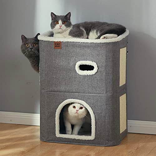 סירת חתולים 2 קומות בית חתולים למיטת חתולים מקורה, מיטות מערות חתולים מכוסות ורהיטים עם משטח שריטה