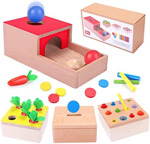 צעצועי עץ של Ancaixin מונטסורי לתינוק בן שנה, 4 עבור 1 סט עם תיבת קביעות אובייקט, בנק מטבעות, מדבקות תואמות צבע