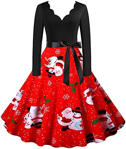 שמלות התלקחות לחג המולד לנשים שרוול ארוך V שמלת קוקטייל צוואר שמלת שמלת מסיבת חג נדנדה שמלת