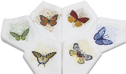 רקמת Quang Thanh - מפיות כותנה רקומות 20 x20 רקום עם עיצובים של פרפרים, סט של 6 מפיות שולחן, מפיות ארוחת