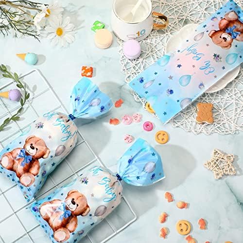100 חבילה דוב תינוק מקלחת לטפל שקיות כחול טדי צלופן סוכריות פלסטיק גודי מתנה עם מחשבים מתכתי טוויסט קשרי