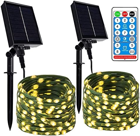 Kemooie 2 חבילה אורות מיתרים סולאריים חיצוניים, 200 אורות פיות סולאריים משודרגים עם LED עם מרחוק, 8 מצבי נצנוץ