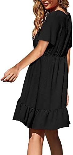 AMXYFBK צבע מוצק לנשים פרוע שולי מותניים גבוה חצאית שרוול קצר שרוול V-צווארון שמלת שיפון שמלה אלגנטית לנשים