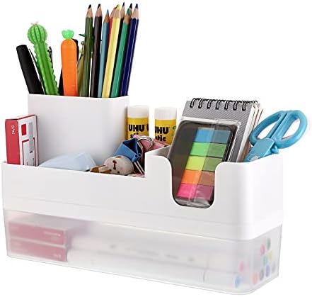 שולחן עבודה ארגונית וארוך ברור עיפרון תיבה, ציוד משרדי ארגונית עם 5 תאים מגש, פלסטיק שולחן כתיבה אספקת אחסון