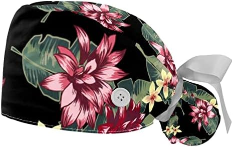 כובע עבודה עם קשרי כפתור וסרט לנשים 2 מחשבים עלים טרופיים פרחים מתכווננים יוניסקס כובעים כובעים