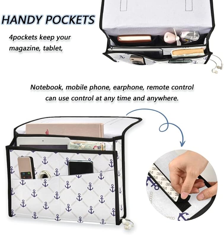 Zoeo Shide Shide Caddy עוגן ימי מיטה לבנה מארגן אחסון 5 כיס לכיס שלט מרחוק מטען מגזין טלפונים ניידים
