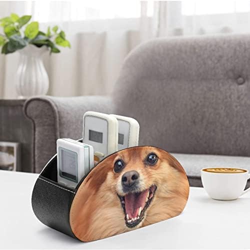 עור כלב פומרניאן מחזיק בשלט רחוק מצחיק מארגן שולחן עבודה של תיבת אחסון קאדי עם 5 תאים לטלוויזיה Blu-ray Office