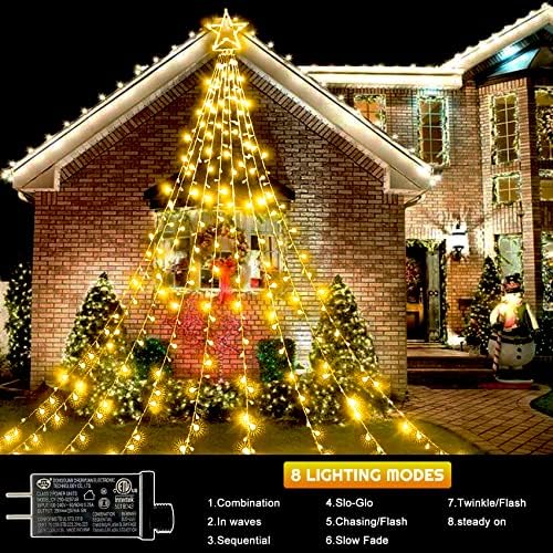 קישוטי חג המולד אורות עץ חיצוניים לבנים חמים 12.7ft 344 מפל מפל אורות כוכב חג המולד 8 מצבי תאורה