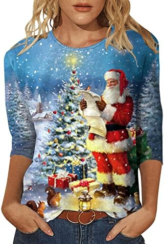 חולצות לאופנת נשים 2022, אופנת נשים מזדמנת עם שלושת רבע שרוול הדפסת חג מולד סוודר צוואר עגול חולצה חולצה עליונה