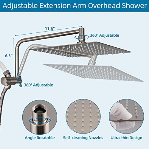 משולבת ראש מקלחת בלחץ גבוה, 10 אינץ 'כל ראש מקלחת הגשמים המתכתיים עם זרוע הרחבה מתכווננת בגודל