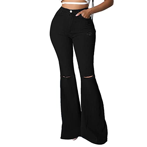 ג'ינס תחתון של Maiyifu-GJ פעמון לנשים קרעו מותניים גבוהים מכנסי ג'ינס מתרחבים חור קלאסי רטרו
