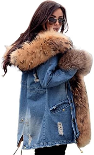 Tiptupu Womens Winter מעבה פרווה מעילים מרופדים פרווה Parka Anorak מעיל מעילי ג'ינס עם ברדס ארוך