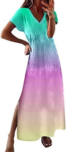 פרוע שמלת נשים נשים מזדמן פשוט v צוואר שרוולים קצרים שמלה ארוכה שמלת שיפוע רב -צבעונית שמלת קיץ נשים