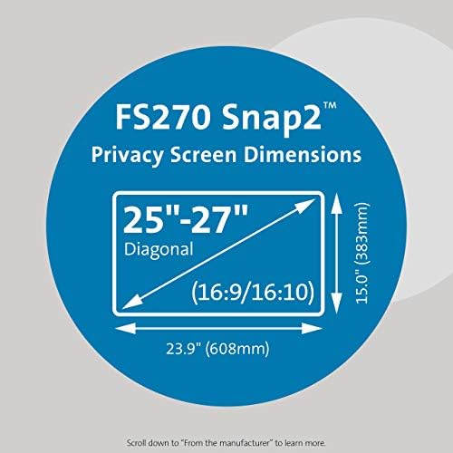 מסך פרטיות של קנסינגטון FS270 SNAP2 למסך 25 אינץ 'עד 27 אינץ' מסך רחב 16:10 ו- 16: 9 צגים