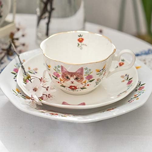 123 אמנות קרמיקה חתול ופרח קפה ספל ספל תה סט עם צלחת