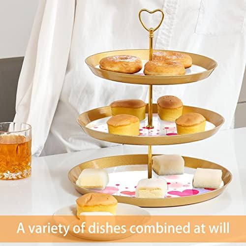 מחזיק עוגות עוגות צורות אהבה ורוד למאפה, 3 עוגת זהב מפלסטיק שכבתית עמדת שולחן קינוח, מגדל עץ עוגות