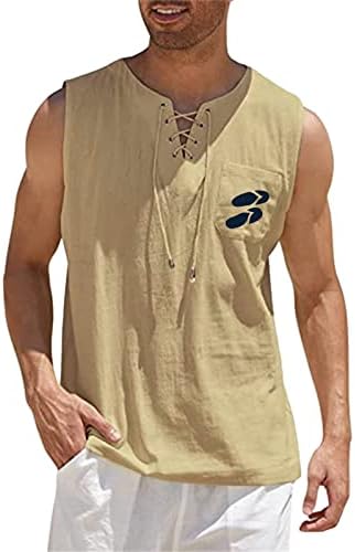 גופיות פשתן כותנה של Zddo Mens, תחרה קיץ למעלה V חולצות אפוד ללא שרוולים גרפיקה חוף רופף חוף טנקים היפי מזדמנים