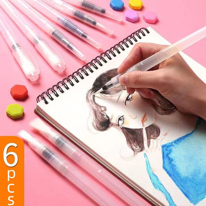 6 חתיכות עט מברשת צבע מים לצביעת סמני צביעה, סמני צבע מסיסים במים, פיגמנט בצבעים אבקתיים או מוצקים