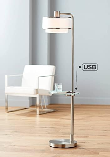 פוסיני אירו עיצוב ווג מודרני מנורת רצפה עם שולחן מזג זכוכית 60 גבוה מוברש ניקל לבן פשתן כסף אורגנזה כפול