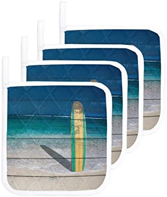 5 מחזיקי סיר אריזים למטבח אוקיינוס ​​גלשן חוף רטרו עץ חום עץ חום הוכחת פוטולר רפידות חמות, כפפות