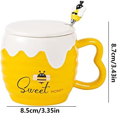 ספל דבורי רולייפו-כוס דבש קרמית 450 מיליליטר עם מכסה וכף, ספל דבש דבורים, כוסות קפה דבורים, ספלי דבש צהובים,