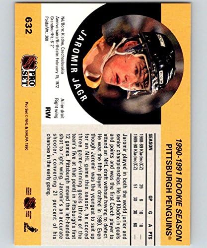 1990-91 Pro Set 632 JAROMIR JAGR RC טירון פיטסבורג פינגווינים NHL כרטיס מסחר בהוקי