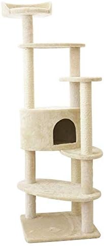 דירות חתול Tonpop עץ חתול רב שכבתי עם מעקות מכוסות סיסל מסגרת טיפוס חתולים עם סיסל תפיסת פוסטים מגדל