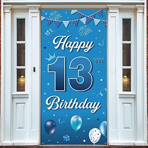 רקע באנר לדלת יום הולדת 13, קישוטי יום הולדת 13 שמחים לבנים, אבזרי צילום למסיבת יום הולדת כחולה בת 13, שלוש עשרה