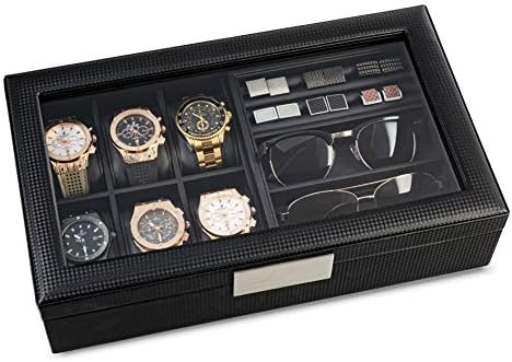 קופסת תכשיטים לגברים-מחזיק 6 שעונים, 12 חפתים, 2 משקפי שמש ואחסון מגש-מארז שעונים לגברים - מארגן