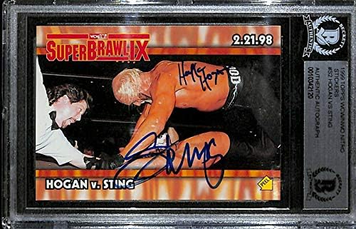 Sting & Hulk Hogan חתמו 1999 Topps WCW NWO NTRO מדבקות כרטיס S2 BAS COA WWE - כרטיסי היאבקות חתימה