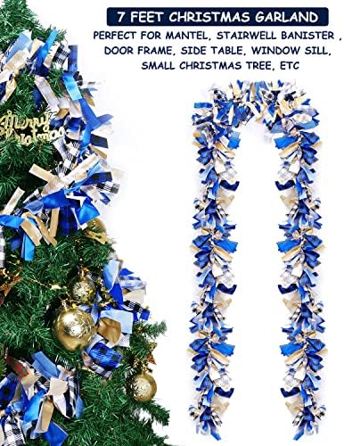 7 רגל חג חג המולד זר סרט כחול -לבן יוטה סמרטוט סמרטוט זל כחול רסיס חג המולד באפלו משובץ בד תלייה באנר