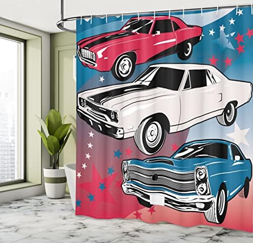 וילון מקלחת של אמבסון מכוניות, קבוצת פופ ארט של מכוניות שרירים אמריקאיות נוסטלגיות עם כוכבים הדפס עתיק, תפאורה