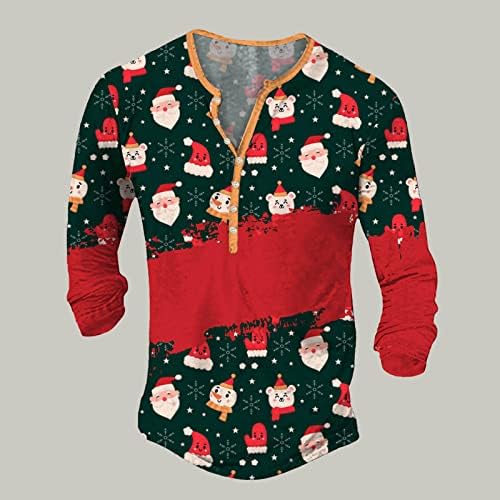 חולצות הנלי חג המולד של ZDDO לגברים מכוערים איילים איילים הדפסים שלג שלג שרוול ארוך V כפתור צוואר למטה חולצה היפי