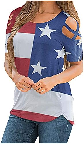 נשים כתף קרה קיץ עליון דגל אמריקאי הדפס גרפי גרפי שרוול קצר חולצה חולצת חולצה 4 ביולי חולצה פטריוטית