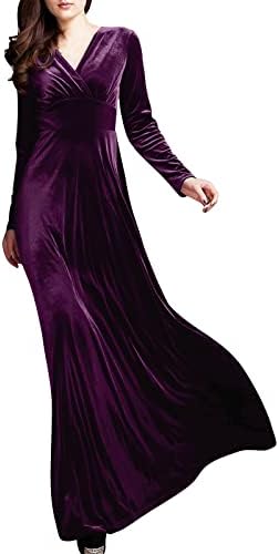 שמלת קטיפה לנשים אלגנטית שרוול ארוך עם צוואר מקסי שמלת אופנה שמלת נשף מסיבת ערב זורמת