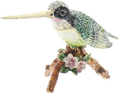 ציפור זמזום על ענף תיבת תכשיטים, קריסטל סברובסקי סט סוורובסקי, אמייל כחול צבוע ביד מעל בסיס בדיל