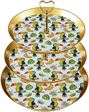 3 דוכן קאפקייקס שכבה עם מוט זהב מוט פלסטיק קינוח קינוח מגד מגד טוקאנים מנוחה ציפורים עלים טרופיים דפוס