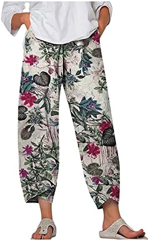מכנסי קיץ של IOPQO לנשים מזדמנים רופפים כותנה כותנה מכנסי רגל רחבים המותניים אלסטיים מכנסיים קצוצים