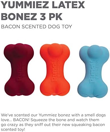 כלב כלפי חוץ Yummiez Bonez בבייקון ריחני צעצוע של כלב 3-חבילה-ריחני, חריקות ועמידות למשחק לאורך זמן,