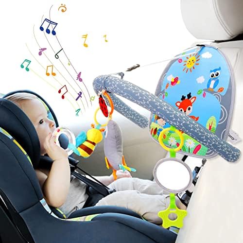 צעצועי מושב לרכב לתינוקות 0-6 חודשים: מושב רכב רך קשת פעילות מתכווננת עם מוסיקה, מראה, רעשן, צעצוע