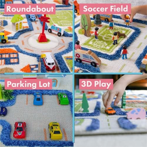 איווי עבה 3 ד ילדים לשחק מחצלת & מגבר; שטיח בעיצוב עיר צבעוני לילדים עם מגרש כדורגל, חניון & מגבר; כבישים, כָּחוֹל,