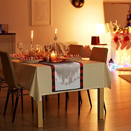 סנני חג המולד שולחן רץ עם משובץ קצוות, החג שמח ואיילים איילים דפוס, כותנה כפרי שולחן רץ לחג המולד חג