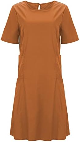 שמלת icodod שמלת נשים 2023 קיץ שרוול קצר שרוול קצר צבע אחיד צוואר עגול שמלות אורך אמצע אורך לנשים
