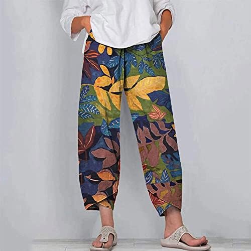 מכנסי כותנה של כותנה לנשים מכנסיים מודפסים רופפים רגל רחבה מכנסי מותניים אלסטיים נשים מכנסי יבול מזדמנים