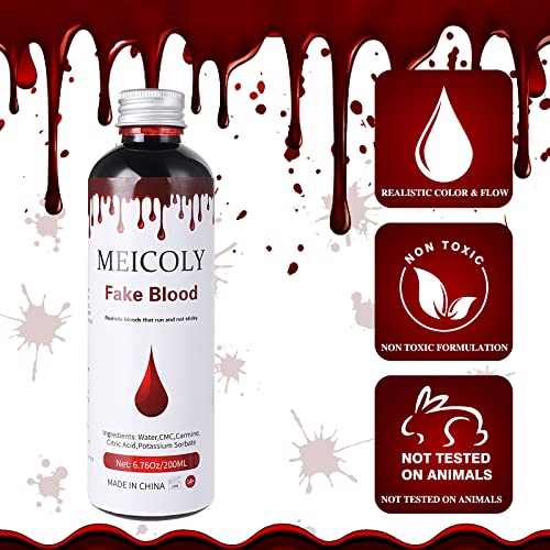 Meicoly דם מזויף 6.76oz/200 מל, דם שפריץ ליל כל הקדושים, טפטוף דם נוזלי לבגדים, זומבי, מפלצת ערפדים SFX