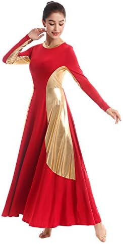 OWLFAY נשים מתכתיות שרוול ארוך שמלת ריקוד באורך מלא שמלת נדנדה כושר רופף חצאית טוניקה ליטורגית